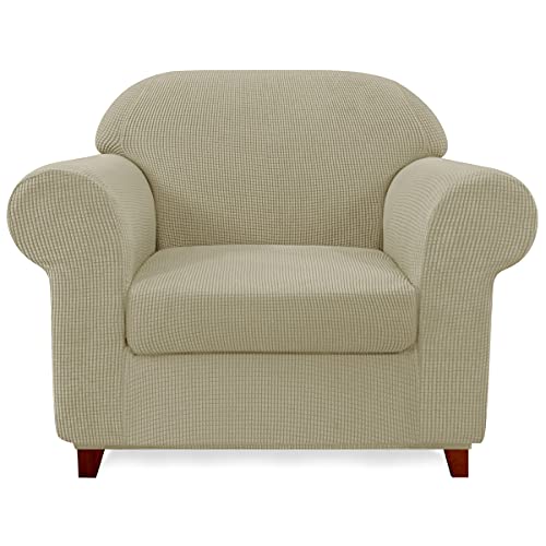 SUBRTEX Stretch Armchair Sofa Slipcover 2 Piece Sofa Cover 1 Seater Soft Couch Slipcover Washable Furniture Covers, Jacquard Fabric Small Checks(Sand,Armchair)