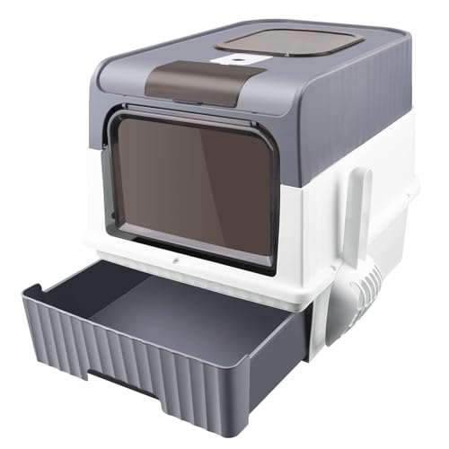 HUOLE Arenero para Gatos, Caja Arena con Bandeja Extraíble, Pala, Cepillo, Espacioso para Gatos Grandes, Carga de 15 kg, Antifiltración, Antiescapes, 49 * 37 * 35cm-Gris