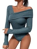 GORGLITTER Damen Body Rippenstrick Bodysuit Herbst T-Shirt Bodies Langarmshirt Slim Oberteil mit Asymmetrischem Kragen Taubenblau M