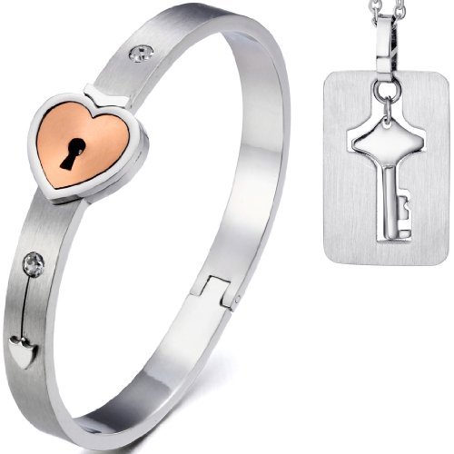 JewelryWe Pulsera para Mujer, Collar para Mujer Pulsera y Collar de Hombres Mujeres de Amor de Bloqueo del corazón y Llave Colgante Acero inoxidable, (Oro Rosa) Cover