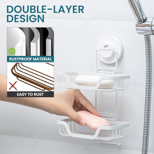 Image of TAILI Double Layer Soap Holder, Bar Soap Dish Suction Cup for Shower Wall, Draining Saver Tray for Bathroom, Rustproof Stainless Steel Sponge Holder for Tub, Kitchen, Drill-Free, White