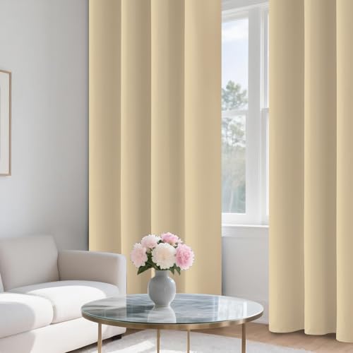 Image of COSVIYA 100% Beige Blackout Curtains for Living Room 84 Inches Length | Room Darkening Light Blocking Drapes for Bedroom, Grommet Thermal Insulated Window Panels with Black Liner, W52xL84,2 Panels