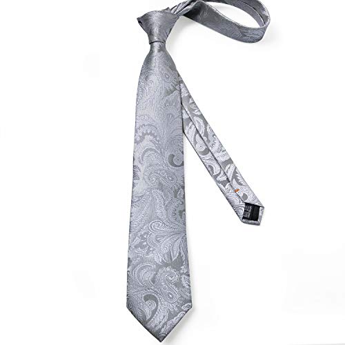 Image of DiBanGu Paisley Ties for Men Silk Necktie and Pocket Square Cufflinks Tie Clip Set Woven Classic Mens Tie for Wedding Party, Silver Grey