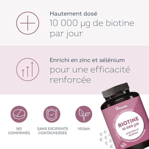 Vitavea Biotine 10 000µg Accélère la Pousse des Cheveux & Ongles - Dosage Élevé - Vitamine B8 - 180 Comprimés - Fabricat