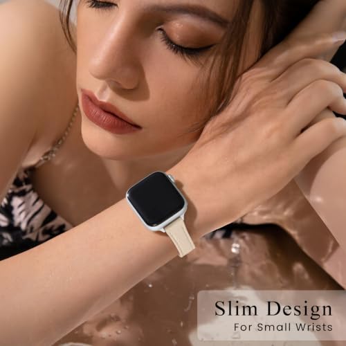 Image of STIROLL Slim Leather Bands Compatible with Apple Watch Band 49mm 46mm 45mm 44mm 42mm(Series 3 2 1), Top Grain Leather Watch Thin Wristband for iWatch Ultra SE Series 11 10 9 8 7 6 5 4(Beige Silver)