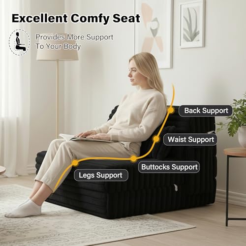 Image of Tiita Folding Sofa Bed Twin Size, Convertible Sleeper Chair Mattress with Pillow, Thick Corduroy Floor Mattress Couch Bed with Side Pocket, Guest Room, Dorm, Apartment, Balck