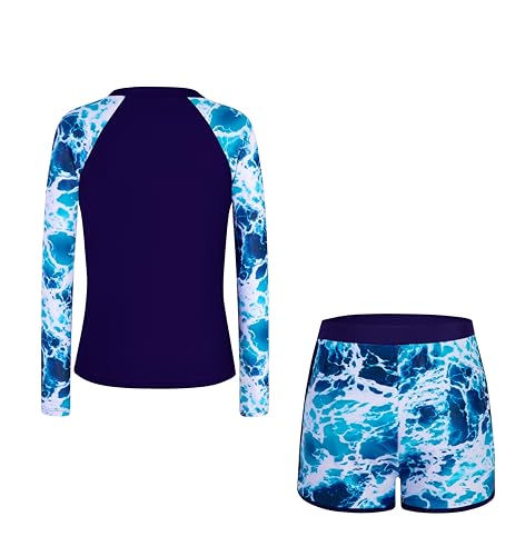 Image of Alakuoti Girls Rash Guard Swimsuit Two Piece Bathing Suit UPF 50+ Sun Protection Long Sleeve Swimwear 6-14 Years