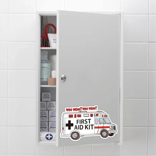 Image of Cute Design First Aid Decals (4-Pack), 4 Inches - Strong Adhesive, Durable, Waterproof - Addition to First Aid Boxes, Emergency Kits, Medical Supplies