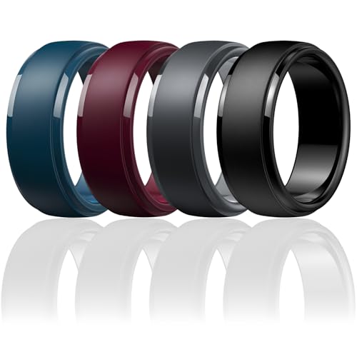Image of Egnaro Men's Silicone Wedding Rings: Classic Black Step Edge Rubber band 10mm Wide 2.5mm Thick- Hypoallergenic for Gym /Outdoor /Gift(1 /4 /7 Variety Pack with Half Size)