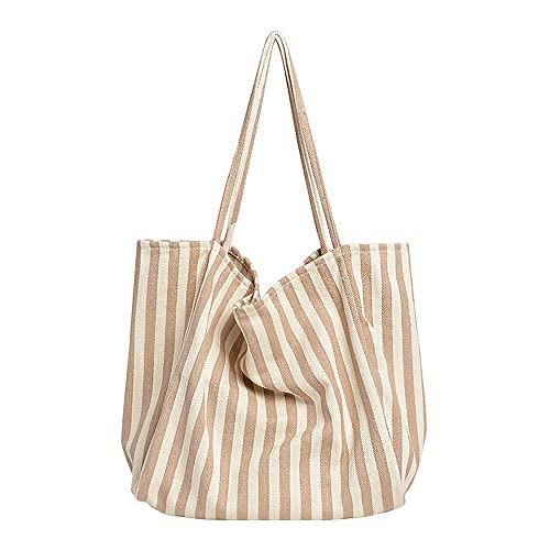 Image of Striped Canvas Tote Handbag for Women Vertical Stripe Large Capacity Shoulder Bag for Shopping Travel