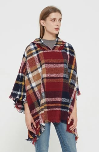 Rungion Women's Plaid Hooded Shawl Wrap Knitted Cape Poncho Pullover Hoodie Sweater Blanket Poncho with Fringes Winter Fall3