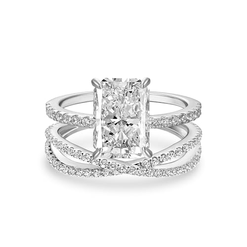 PAFIDDY 3.5CT Radiant Cut Engagement Ring Set for Women, S925 Silver X-Shaped Band 2-Piece Cubic Zirconia Bridal Wedding Ring Set (Silver, 7)