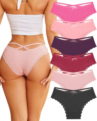 Image of Womens Cotton Underwear Sexy Lace Trim Bikini Ladies Cheeky Panties 6 Pack | Criss Cross Back,Plus Size,S-3XL,Multiple Colors,Daily Wear,Low Rise,Womens Lingerie,Flattering Outfit,Stretch,Breathable