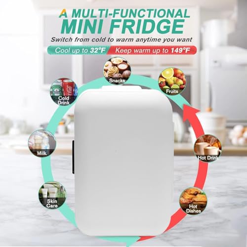 ثلاجة صغيرة سعة 10 لتر، ثلاجة سيارة بسعة كبيرة للتبريد/التسخين للعناية بالبشرة، الطعام، الأدوية والمزيد من التخزين، منخفضة الضوضاء ومحمولة، مثالية لغرفة النوم والمكتب والسكن والسيارة - باللون الأبيض