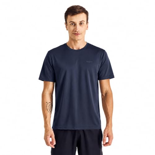 Image of Pepe Jeans Men's Solid Polyester Regular Fit T-Shirt | Lightweight Quick-Dry Athleisure Tee for Sports, Gym & Casual Wear | Moisture-Wicking Fabric | Round Neck | Short Sleeves | Active Comfort