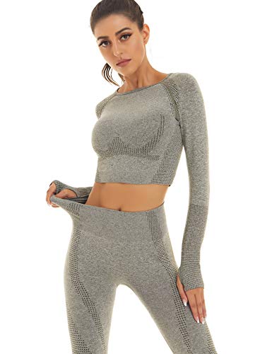 Toplook Women Seamless Workout Outfits Athletic Set Leggings + Long Sleeve Top (Green Gray, Small)