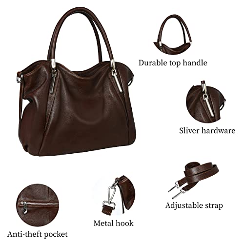 Image of HESHE Leather Shoulder Purses for Women Tote Handbags Satchel Hobo Handbag | Designer Genuine Leather Travel Top Handle Work Bag Ladies Crossbody Purses Adjustable Straps Large Capacity Zippered Closure