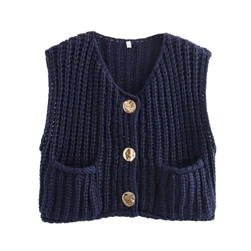 La Mejor Selección de Twin-sets para Mujer los mejores 10. 48 Genérico Chunky Sweater Vest Women Button Up, Sleeveless Sweater Tops for Women, Cropped Knit Cardigan (Navy,Grande)