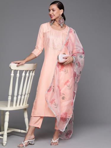 Image of INDO ERA Women's Yoke Design Silk Blend Straight Kurta with Pant & Dupatta Set