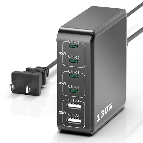 MSTJRY Charging Station for Multiple Devices : 130W 6 Port GaN Fast USB C Charger Station, Compact Multi Port PD 65W 45W Charger for MacBook Pro/Air/iPad iPhone 16 15/14/13/Pro Max/Galaxy