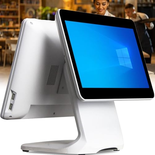 Caja registradora táctil inteligente todo en uno de 15,6 pulgadas con pantalla táctil dual y LCD, resolución 1920 x 1080, ángulo ajustable para negocios, restaurantes y comercios.