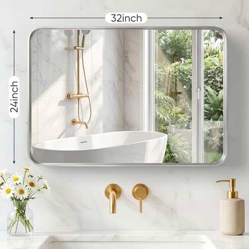 Image of Sweetcrispy Bathroom Mirror 32x24 Inch Metal Framed Rounded Rectangle Vanity Mirror for Wall, Over Sink, Farmhouse, Restroom, Anti-Rust, Modern Decorative, Horizontal or Vertical Hanging, Silver