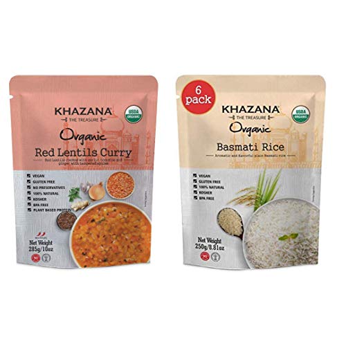 Khazana Organic Red Lentil Curry Ready To Eat Meals 6-Pack + Ready To Heat Basmati Rice 6-Pack - Customized Indian Meal Bundle | Non-Gmo, Vegan, Kosher, Gluten Free | Authentic Indian Cuisine #TOP28