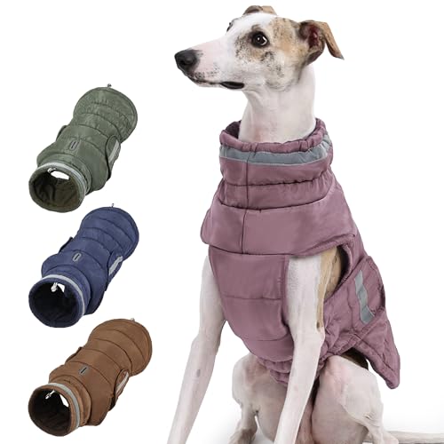 PlentiVive Dog Winter Coat, Athletic Fit Puffer Vest for Whippet Greyhound, Water-Resistant Fleece Lined Jacket with Adjustable Cocoon Fit for Cold Weather (Pink, Medium)