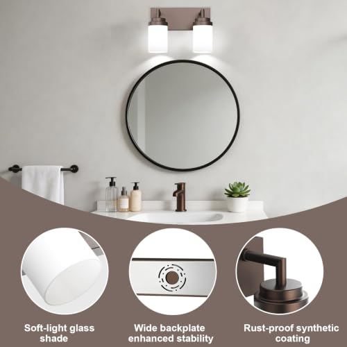 Image of Bathroom Light Fixtures, Oil Rubbed Bronze Bathroom Lighting Fixtures Over Mirror, Modern Vanity Light with White Glass Shade, Restroom Lighting Fixtures, 2-Light 13-inch