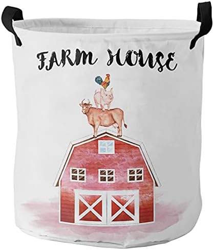 Paidaxin Laundry Baskets Farm House Red Barn Collapsible Clothes Hamper Farm Animal Cow pig Watercolor Foldable Freestanding Laundry Hamper with Handle Storage Basket for Laundry 16.5x17in
