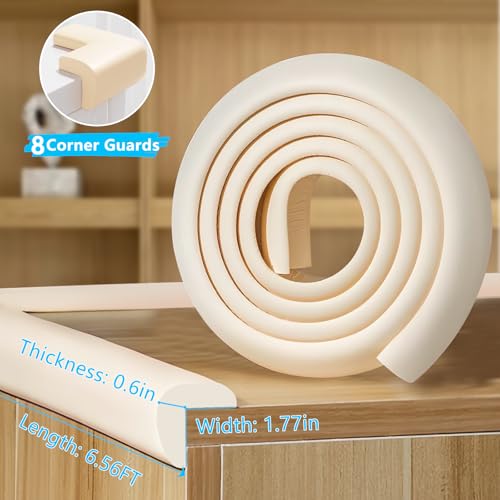 Image of ZOMPAGO Baby Edge Protector Roll (6.56FT) & 8 Corner Guards - White Foam Furniture Corner Protectors - Baby Proof Corners and Edges for Table, Wall, Bed Frame - Baby Proofing Safety Bumpers