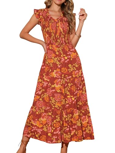 Image of Seta T Women's Summer Dresses Casual Ruffle Sleeveless V Neck Floral Sundress Flowy Smocked Beach Maxi Dress