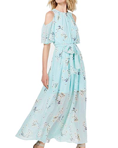 Calvin Klein Women Maxi Dress Belted Floral Cold Shoulder Blue 12