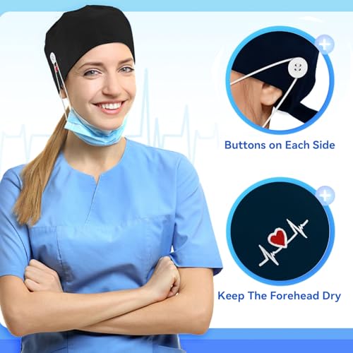 yolzhxe 2 Stück Op Haube Stoff, Krankenschwester Kappe Verstellbar mit Knopf Unisex, Arbeitskappe mit Schweißband für Ärzten, Krankenschwestern, Zahnärzten, Medizinischem Personal (Grün, Schwarz)