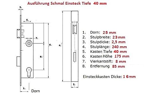 EDELSTAHL Gartentür Einsteckschloss SCHMAL 40 mm Schloss Dornmass 25 mm Rohrrahmenschloss Tor Tür Schloss