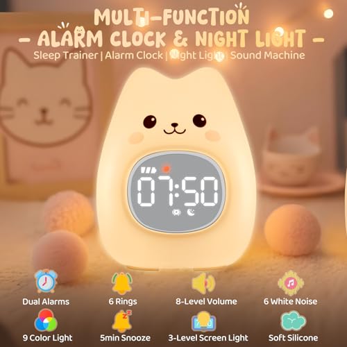 Image of Cat Alarm Clock with Night Light for Kids with Sleep Training and Sound Machine, Rechargeable Silicone Lamp OK to Wake Clock,Cute Animal Tabletop Lamp, Perfect Sleep Companion for Boys Girls