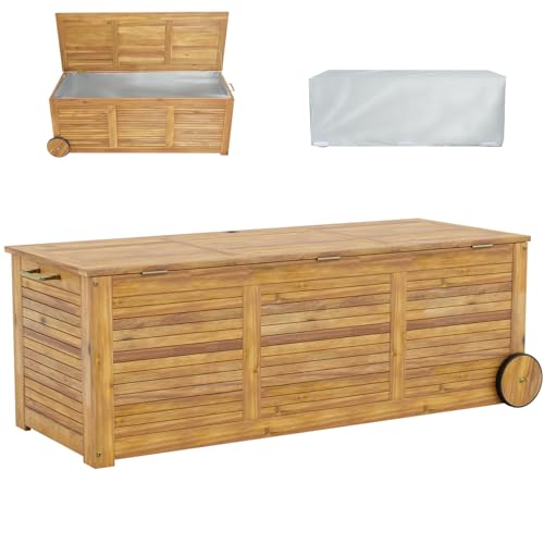 GiantexUK 180L Garden Storage Box, Acacia Wood Deck Boxes with Wheels, Waterproof Cover, Sit-on Lid & Handle, Outdoor Utility Chest Container for Patio Poolside Cushions Pillows Tools Toys