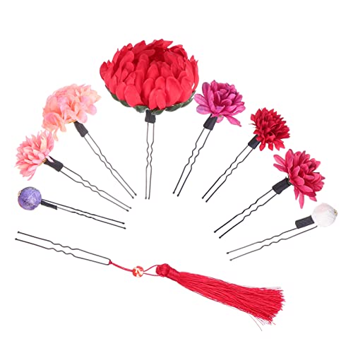 COSMEVIVI 9個 着物かぶり物 ヘアークリップ 花柄のヘアアクセサリー 装飾 髪飾り 菊の形のクリップ 着物クリップ ピン 和風頭飾り 和風クリップ バンド 赤
