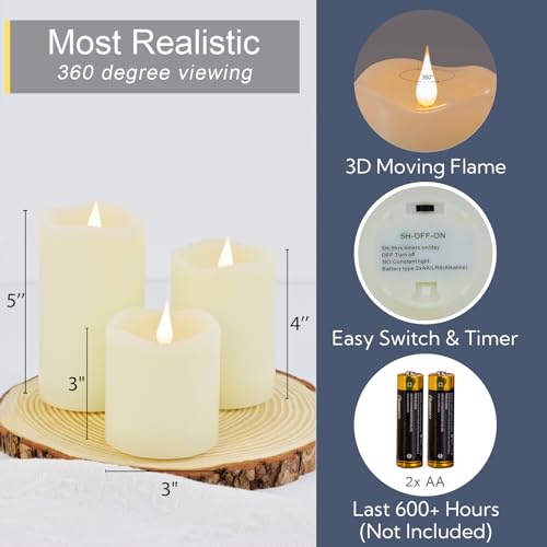 Image of TECHLONG Flameless Candles Battery Operated with Remote Timer, 3D Moving Flame Flickering, Last 600+ Hours Battery Candles, Set of 3 Ivory Real Wax Electric LED Candle for Wedding Party Decor