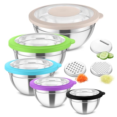 Homikit Rührschüssel 5er Set, Edelstahl Schüssel Salatschüssel mit Transparenter Luftdichtem Deckel & 3 Reibeaufsätzen für die Küche, 4,6L/2,8L/1,6L/1,2L/0,7L, Stapelbar, Spülmaschinenfest, Bunt