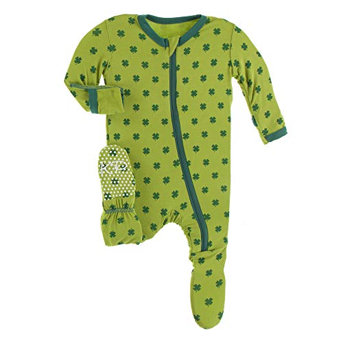 KicKee Footie with Zipper in St. Patrick’s Day Themed Clovers, One Piece Boy or Girl Baby Clothes, Sleepwear for Babies and Kids (Meadow Clover - 9-12 Months)