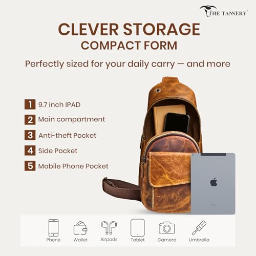 The Tannery Handmade Buffalo Leather Multipurpose Travel Hiking Crossbody Chest Backpack with Adjustable Shoulder Strap (Brown, Large)4