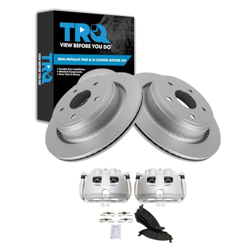 Image of TRQ Rear Brake Pad, Caliper, & Rotor Kit Semi-Metallic Vented Premium G-Coated Compatible with 2012 Ram 1500