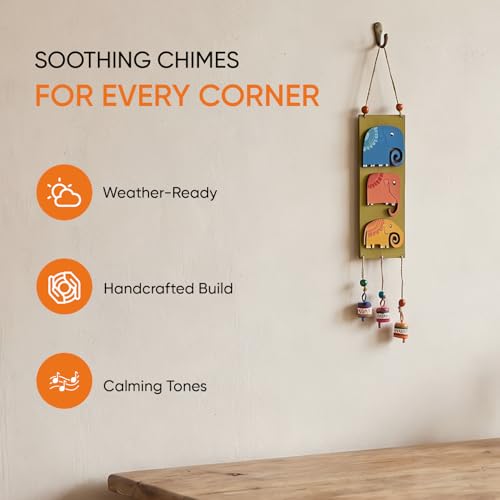 Image of Aakriti Art Creations Trinity of Elephants Windchime Multicolor | Handmade Modern Art Wooden & Metal Wind Chime | Matte Decorative Wind Chimes for Balcony, Garden, Living Room & Gifting