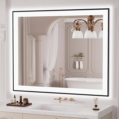 LOAAO 40"X32" LED Bathroom Mirror Black Framed, Anti-Fog, Dimmable, Lighted Bathroom Vanity Mirror for Wall, Memory Function, Tempered Glass Cover