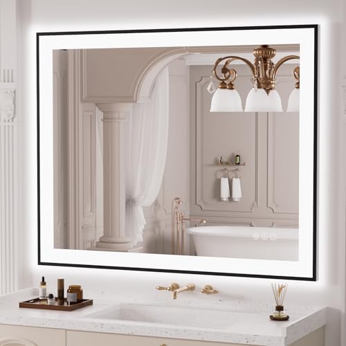 LOAAO 40"X32" LED Bathroom Mirror Black Framed, Anti-Fog, Dimmable, Lighted Bathroom Vanity Mirror for Wall, Memory Function, Tempered Glass