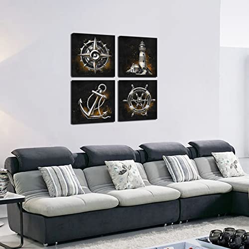 Levvarts Nautical Wall Art Canvas Lighthouse Anchor Compass Paintings Poster Modern Black And Gold Decor Pictures Ready To Hang #TOP5