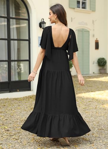 Image of Kikibell Women Summer Dresses Sexy V-Neck Maxi Dress Tiered Silhouette with Flutter Sleeve Backless Elastic Waist Flowy Dress