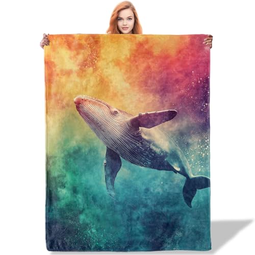 Plistiz Rainbow Whale Throw Blanket 40"x50", Ocean Theme Blankets for Living Room Decor, Soft Flannel Polyester Cozy Gifts for Kids Adults