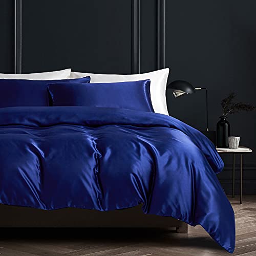 Gezu Sets de Housse de Couette 140x200cm Satin Bleu Unie Parure de Lit 1 Personne Soie Lisse Soyeux...